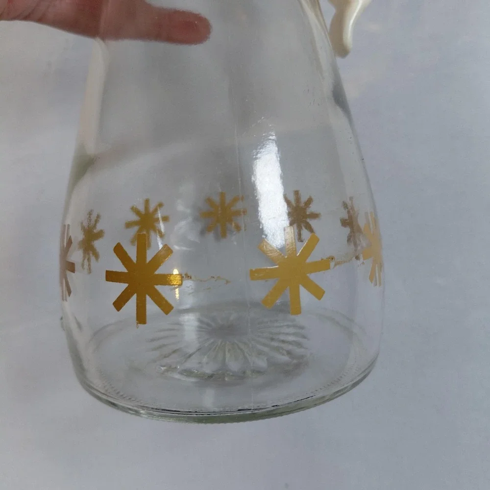 Vintage Log Cabin Syrup Pitcher Glass Dispenser Gold Atomic Starburst